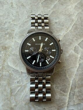 Michael Kors Silver Stainless Steel Chronograph Watch with Black Dial